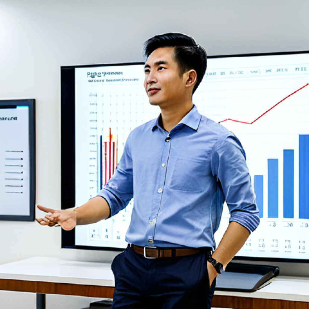 A professional Vietnamese male tech entrepreneur, dressed in a modest business casual shirt and dark trousers, stands confidently in a bright, modern co-working space in Ho Chi Minh City. He is looking towards a large digital screen displaying abstract data visualizations and positive growth charts. The scene captures the essence of innovation, problem-solving, and sustainable value creation in the digital economy. The subject is fully clothed, appropriate attire, safe for work, perfect anatomy, correct proportions, natural pose, well-formed hands, proper finger count, natural body proportions, professional, high quality, appropriate content.