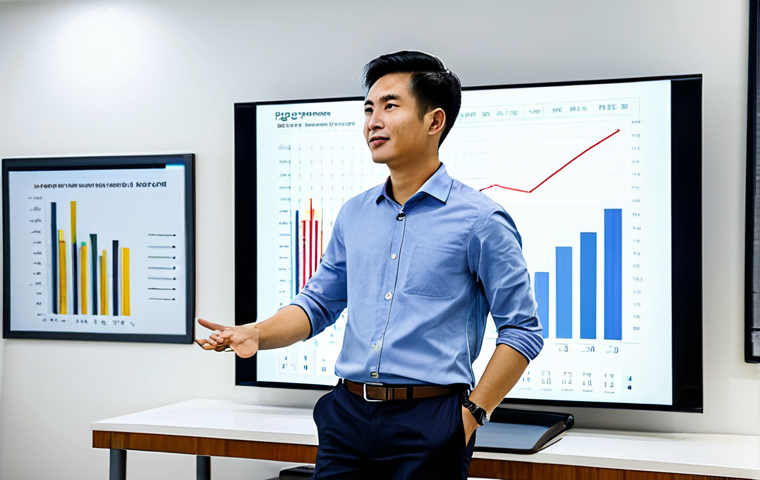A professional Vietnamese male tech entrepreneur, dressed in a modest business casual shirt and dark trousers, stands confidently in a bright, modern co-working space in Ho Chi Minh City. He is looking towards a large digital screen displaying abstract data visualizations and positive growth charts. The scene captures the essence of innovation, problem-solving, and sustainable value creation in the digital economy. The subject is fully clothed, appropriate attire, safe for work, perfect anatomy, correct proportions, natural pose, well-formed hands, proper finger count, natural body proportions, professional, high quality, appropriate content.