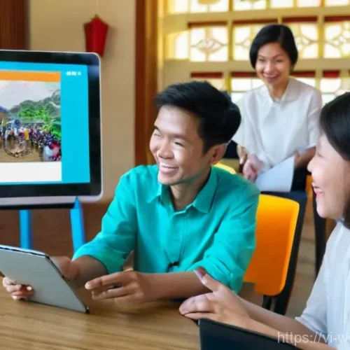 Home 22 가치중심 기술의 시장 동향 - **Prompt 1: Human-Centered Technology in a Vietnamese Community**
"A vibrant, wide-angle shot de...