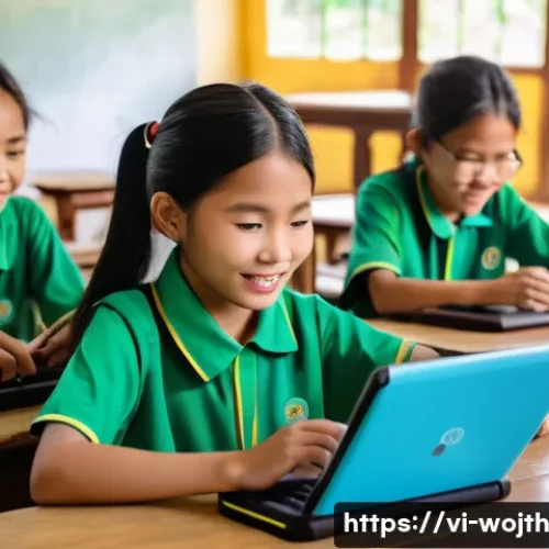 Home 8 가치중심 기술의 사회적 가치 - A vibrant Vietnamese rural classroom scene showcasing children of diverse ages engaging in an intera...