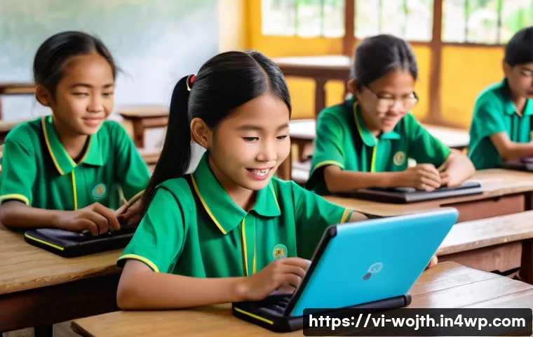 가치중심 기술의 사회적 가치 - A vibrant Vietnamese rural classroom scene showcasing children of diverse ages engaging in an intera...