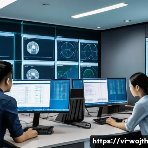 Home 32 가치중심 기술의 위험 관리 방안 - A modern Vietnamese technology office scene showing a diverse team of professionals analyzing cybers...