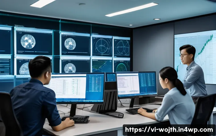 가치중심 기술의 위험 관리 방안 - A modern Vietnamese technology office scene showing a diverse team of professionals analyzing cybers...