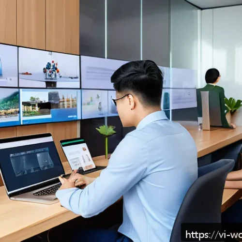 Home 30 가치중심 기술을 통한 조직 외부 협력 강화 - A modern Vietnamese business office scene showing diverse professionals collaborating over digital d...