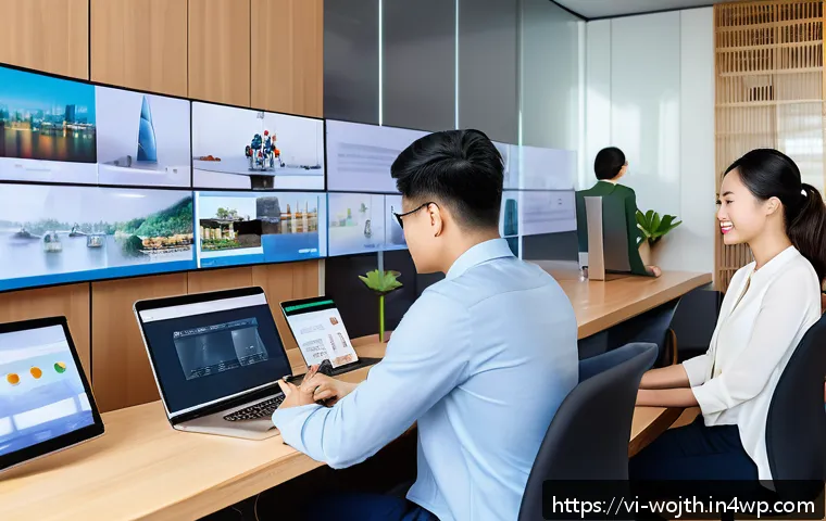가치중심 기술을 통한 조직 외부 협력 강화 - A modern Vietnamese business office scene showing diverse professionals collaborating over digital d...