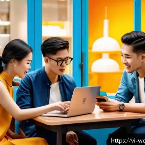 Home 17 가치중심 기술과 고객 가치 창출 - A modern Vietnamese e-commerce setting showing a diverse group of customers interacting with persona...