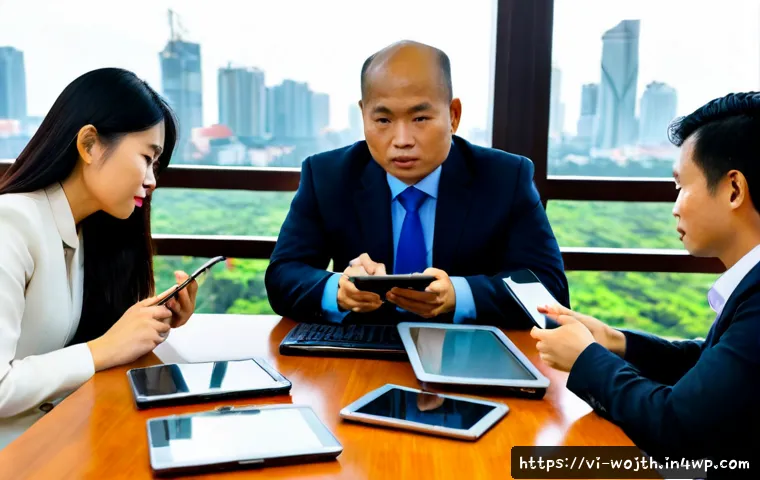 Home 17 가치중심 기술 선택과 비즈니스 네트워킹 - Photorealistic modern business meeting in Ho Chi Minh City, Vietnamese entrepreneurs comparing two u...